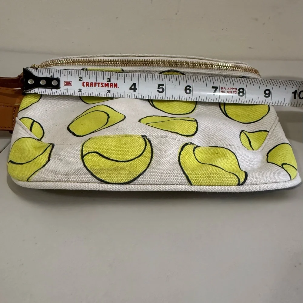 Clare V Canvas Crossbody with Yellow Tennis Ball Print and Tan Strap